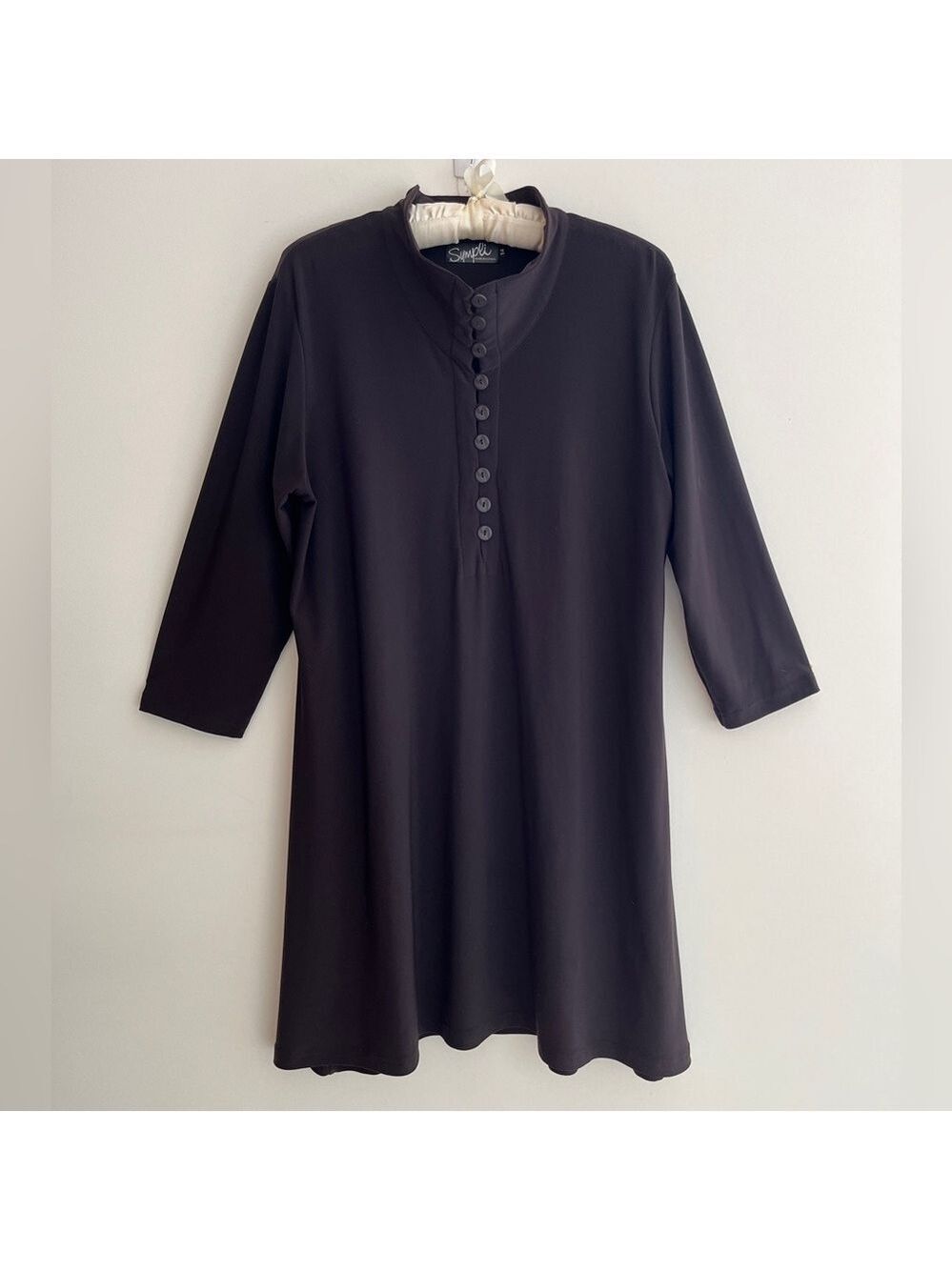 SYMPLI Tunic or Mini-Dress A Line Button Up Mock Neck Travel Basic Lagenlook